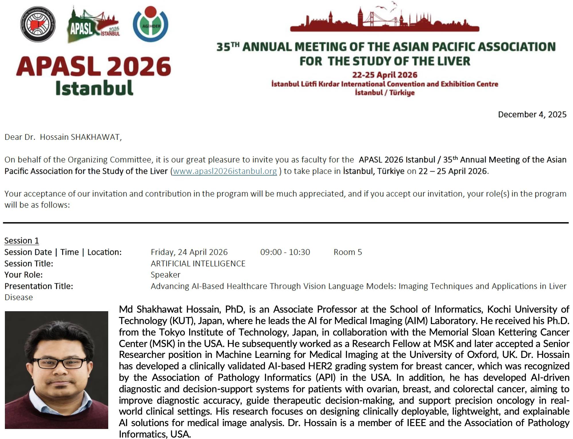 Invited Speaker at the 35th Anual Meeting of  Asia Pacific Association of Liver Study (APASL) 2026